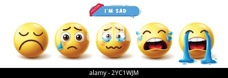 Emoji sad 3d characters vector set. Emojis emoticons in unhappy, crying, sorrow, regret, and miserable face social media icon collection. Vector Stock Vector