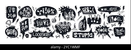 Hand drawn doodle sketch speech bubbles with insults, curses, swearwords, censored symbols. Bad words in talk frames, comic explosion boxes, dialog balloons for angry, negative expressions, frustrated Stock Vector