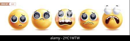 Emoji sad characters vector set. Emojis unhappy, sorrow, regret, depress and crying emoticon character facial expression collection in white Stock Vector
