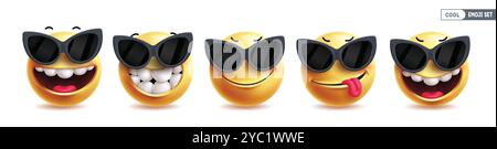 Emoji cool 3d characters vector set. Emojis emoticon character wearing sunglasses in happy face, cute smile, funny and naughty facial expressions Stock Vector