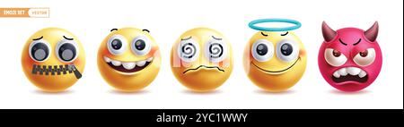 Emoji emoticon characters vector set. Emojis 3d emoticon character in quite, happy, dizzy, kind and angry facial expression icon collection in white Stock Vector