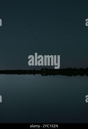 Part of Ursa Major constellation known os the Big Dipper/the Plough/the Saucepan reflecting in a calm Horsey Mere, Norfolk Stock Photo