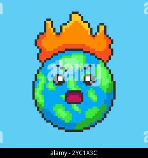 Pixel art Earth on Fire Representing Global Warming game asset design Stock Vector