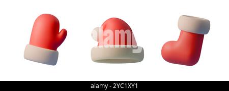 Vector 3D illustration set of Christmas items red mitten, Santa hat, and boot. Designed in minimalist style with soft white cuffs, perfect for holiday Stock Vector