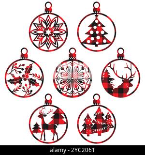 Buffalo plaid Christmas baubles, winter holidays decorations. Tartan fabric texture Christmas balls in black and red colors, vector isolated illustrat Stock Vector