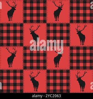 Patchwork buffalo plaid in red and black vector seamless pattern. Christmas checkered quilt, wallpaper, background with reindeer silhouettes. Stock Vector