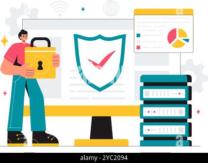Vulnerability and Threat Management Solutions Vector Illustration featuring Data Breach Security Attack, Hacker Fraud, and Coding Issues in background Stock Vector