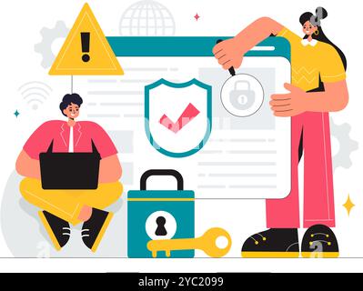 Vulnerability and Threat Management Solutions Vector Illustration featuring Data Breach Security Attack, Hacker Fraud, and Coding Issues in background Stock Vector