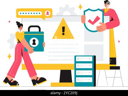 Vulnerability and Threat Management Solutions Vector Illustration featuring Data Breach Security Attack, Hacker Fraud, and Coding Issues in background Stock Vector