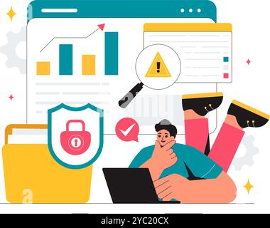Vulnerability and Threat Management Solutions Vector Illustration featuring Data Breach Security Attack, Hacker Fraud, and Coding Issues in background Stock Vector