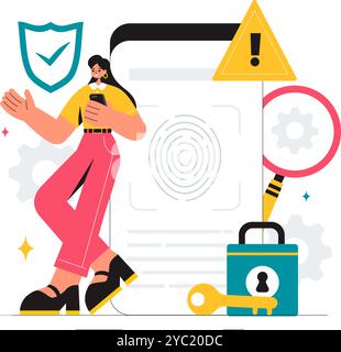 Vulnerability and Threat Management Solutions Vector Illustration featuring Data Breach Security Attack, Hacker Fraud, and Coding Issues in background Stock Vector