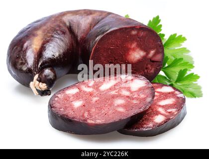 Blood sausage with suet pieces and parsley leaf isolated on white background. Stock Photo