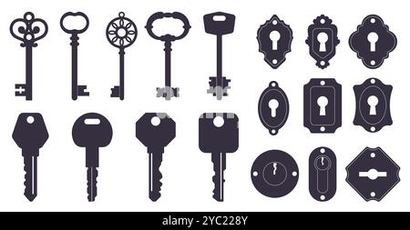 Vintage and modern keys. Lock keyholes. Black silhouette icons on white background. Different passkey shapes and carvings. Door locking. Home access. Stock Vector