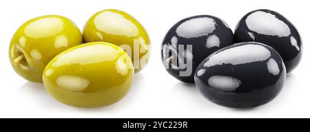 Two groups of different table olives isolated on white background. Stock Photo