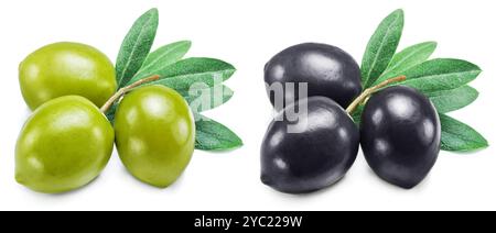 Two groups of different table olives with olive leaves isolated on white background. Stock Photo