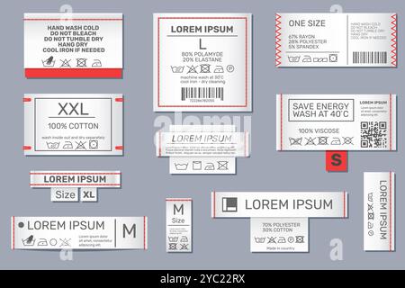 Laundry information textile labels. Clothes care instructions tags. Sewn patches with seams and text. Washing manual. Brand logo. Clothing size. Canva Stock Vector