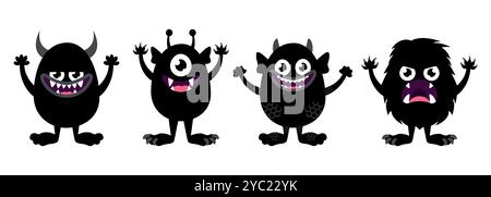 Cute cartoon monsters set isolated on white background. Funny black creatures in childish style. Vector illustration Stock Vector