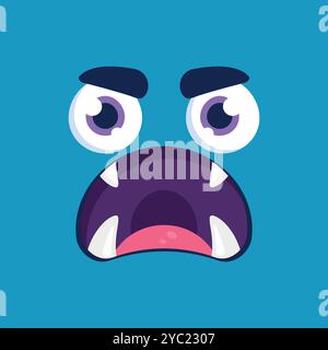 Cute cartoon monster face background. Funny angry monster face in childish style on blue background. Vector illustration Stock Vector