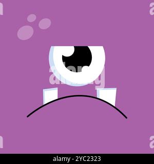 Cute cartoon one eyed monster face background. Funny sad monster face in childish style on purple background. Vector illustration Stock Vector