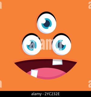 Cute cartoon three eyed monster face background. Funny monster face in childish style on orange background. Vector illustration Stock Vector