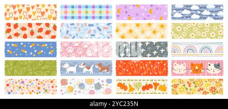 Cute sticky tapes scraps. Decorative baby washi tape pieces. Plaster with funny patterns. Kawaii school stationery. Childish print. Scrapbook adhesive Stock Vector