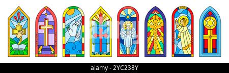 Color window. Church cathedral stained glass. Religious subjects. Angels and crucifix crosses. Christianity architecture. Orthodoxy chapel. Catholicis Stock Vector