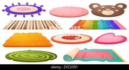 Cartoon decorative carpets. Wool bedding under feet. Cozy home textile. Interior elements. Room furnishing. Different patterns, shapes and designs. Ho Stock Vector