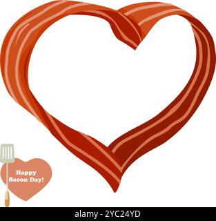 Heart made of bacon slices. Strips of crispy meat bacon in heart shape. Happy Bacon Day text. Fried crispy bacon ribbon. Vector illustration Stock Vector