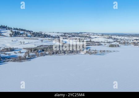 Ausblick auf die verschneite Landschaft rund um den zugefrorenen Grüntensee im Allgäu Winterliche Stimmung am Grüntensee nahe Wertach im Oberallgäu We Stock Photo