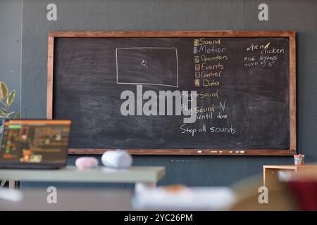 Background image of blackboard with programming lesson plan in empty school classroom copy space Stock Photo