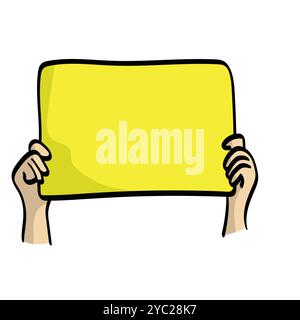 two hands holding yellow sign illustration vector isolated on white background Stock Vector