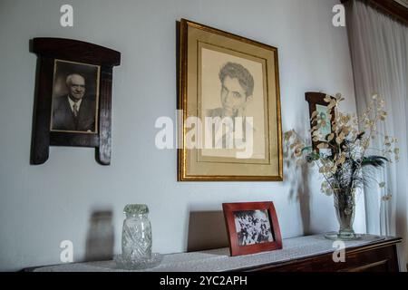 Framed photographs of Federico Garcia Lorca and his father hanging on the wall of their house in Fuente Vaqueros Stock Photo