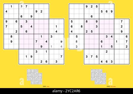 Double-doku. Two overlapping sudoku puzzles. Rotational symmetry. Easy and very easy. 36, 38 clues. MK II. Vector set DK1. Stock Vector