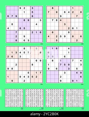 Sudoku set n.3 MK II. Sym 180°. Easy, very easy, very easy, easy (-). 26, 27, 28, 29 clues. Advanced rating based on the average of six solving paths. Stock Vector