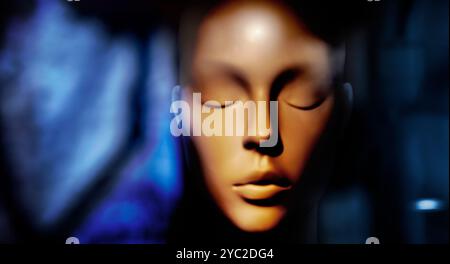 Shallow focus against conceptual image of mannequin head  meaning mindfulness and brain activity. Useful photo to manage AI concept. Stock Photo