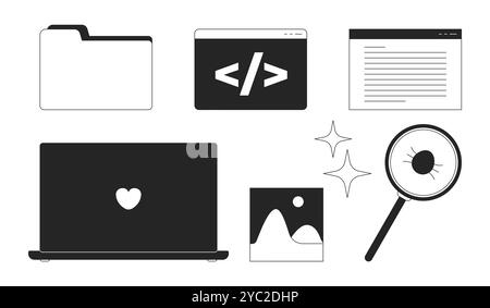Programming desktop icons black and white 2D line objects set Stock Vector