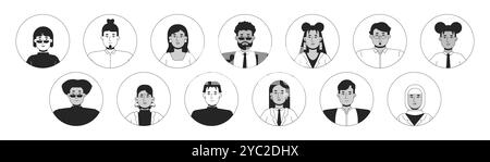Multi-ethnic office workers black and white 2D vector avatars illustration set Stock Vector