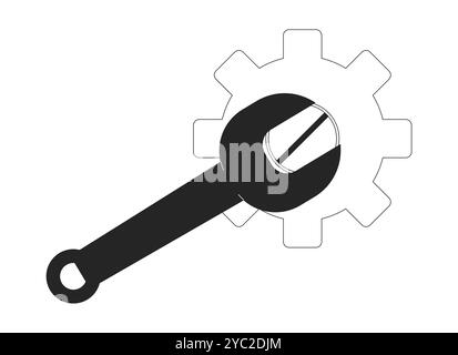 Wrench unscrews screw on gear black and white 2D line object Stock Vector