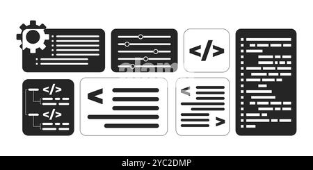 Software development programming interface black and white 2D line objects set Stock Vector