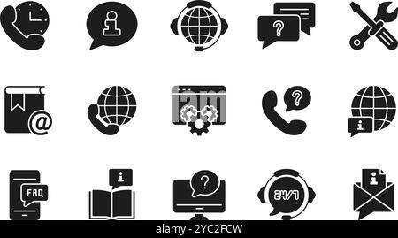Customer Support and Global Communication Tools Silhouette Icon Set. Customer Service Glyph Symbol Collection. Isolated Vector Illustration Stock Vector