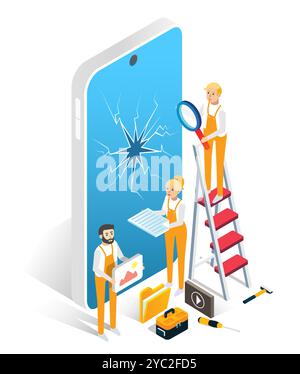 Service workers engaged in damaged phone recovery Stock Vector