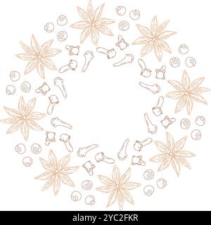 Star anise, cloves and allspice Round frame border idea Copyspace. Hand drawn spices for mulled wine in trendy soft brown. Copy space. Isolated Vector illustration Cards, posters, banner or web promo Stock Vector