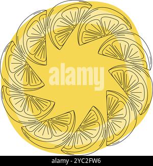 Outline citrus slices and abstract yellow spot Round frame border in trendy minimalism. Copy space. Isolated Vector illustration Cards, poster, leaflets, banner, greetings, price, label or web promo Stock Vector