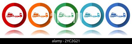 Truck with bulldozer on tow trailer, long vehicle vector icons, flat icon set for logo design, webdesign and mobile applications, colorful web button Stock Vector