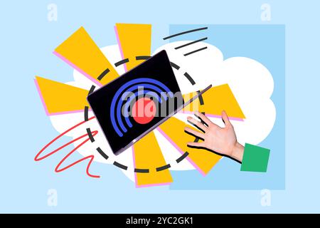 Creative image collage laptop computer screen internet network connection wifi hotspot broadcast wireless 5g modern technology Stock Photo