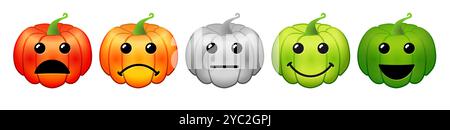 Color emotion pumpkin faces satisfaction level. Vector 3d cartoon emoji pumpkin face, feedback sentiment icons on white background Stock Vector