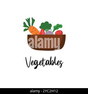 Illustration of fresh vegetables in a bowl old doodle style with text lettering, Stock Vector