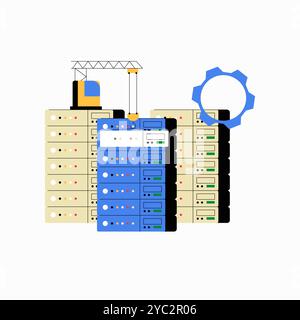 Server Racks With Maintenance Crane In Flat Vector Illustration Symbolizing Data Center, Storage Management, And IT Infrastructure, Isolated On White Stock Vector