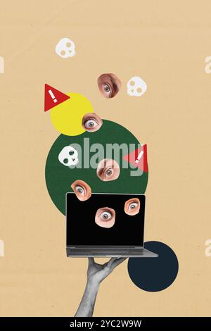 Composite trend artwork 3D sketch image collage of danger cyber security spy hacker software hand hold laptop eye watch privacy data Stock Photo