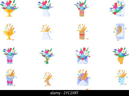 Set of vector graphic illustrations with flowers in a vibrant palette in solid cartoon style. Bouquets are housed within a wrapping paper, vases, boxe Stock Vector